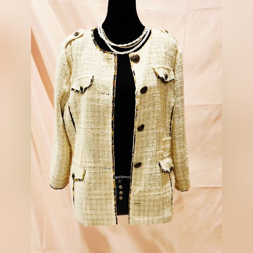 Just B Size 10 Tweed Blazer Jacket Leopard Animal Print Trim Gold Button